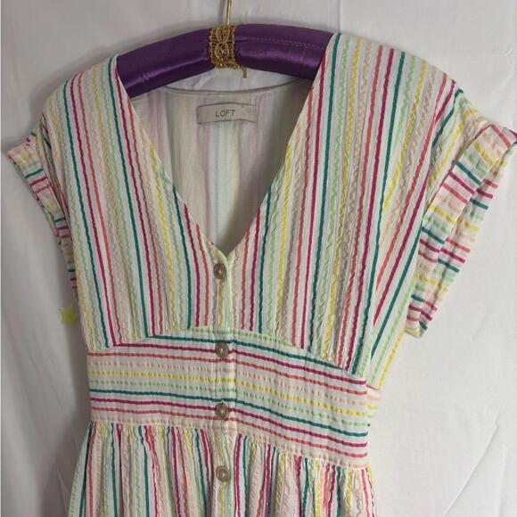 Pastel Striped Short Sleeve Textured Button Down+Tie Modest Femme Dress Size M - Picture 8 of 12